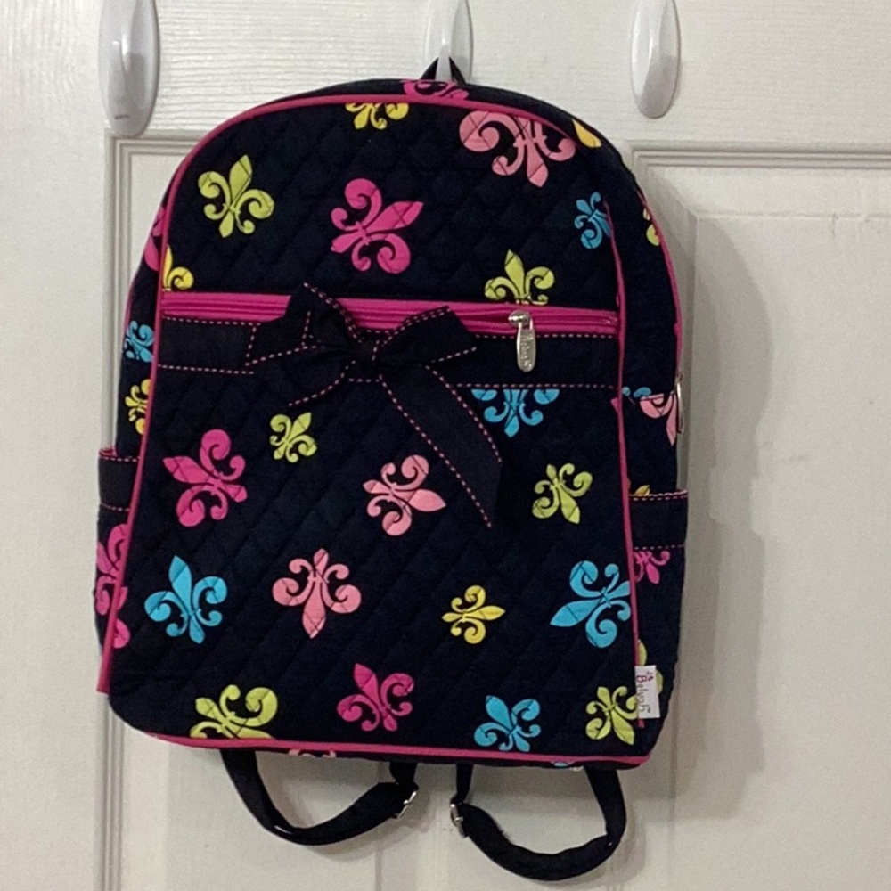 Black fabric backpack Fleur des Lis design large size. Dressy sporty & roomy.